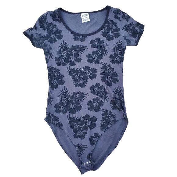 Victoria's Secret PINK Tropical Print Bodysuit Short Sleeve Palm Grey Black XS - Picture 1 of 11